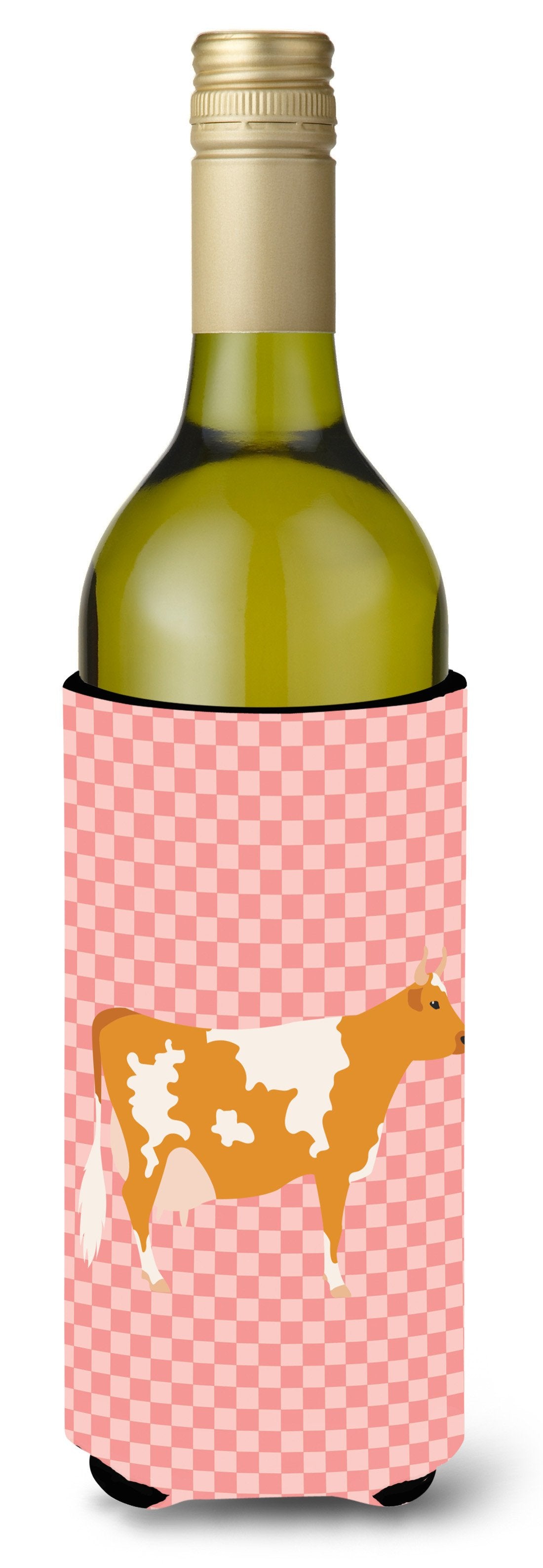 Guernsey Cow Pink Check Wine Bottle Beverge Insulator Hugger BB7821LITERK by Caroline&#39;s Treasures