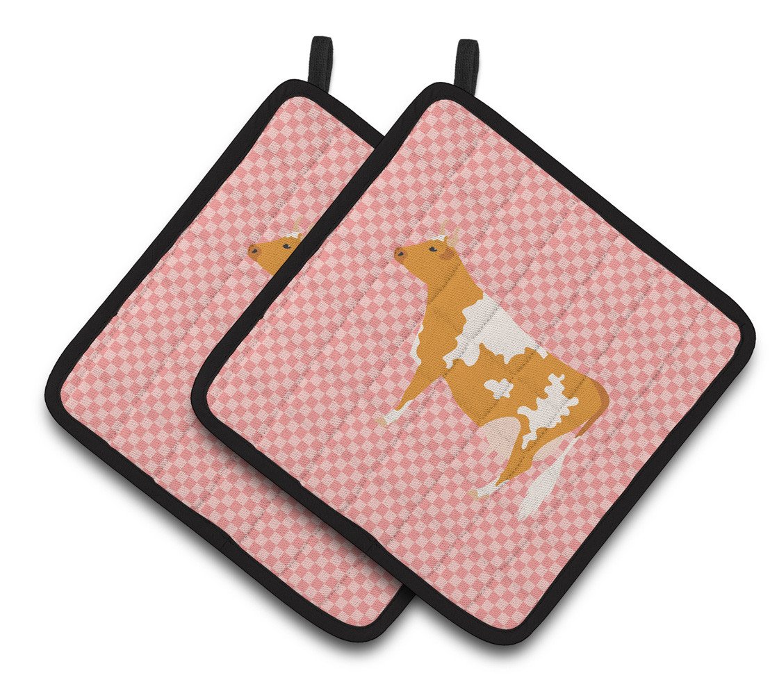 Guernsey Cow Pink Check Pair of Pot Holders BB7821PTHD by Caroline&#39;s Treasures