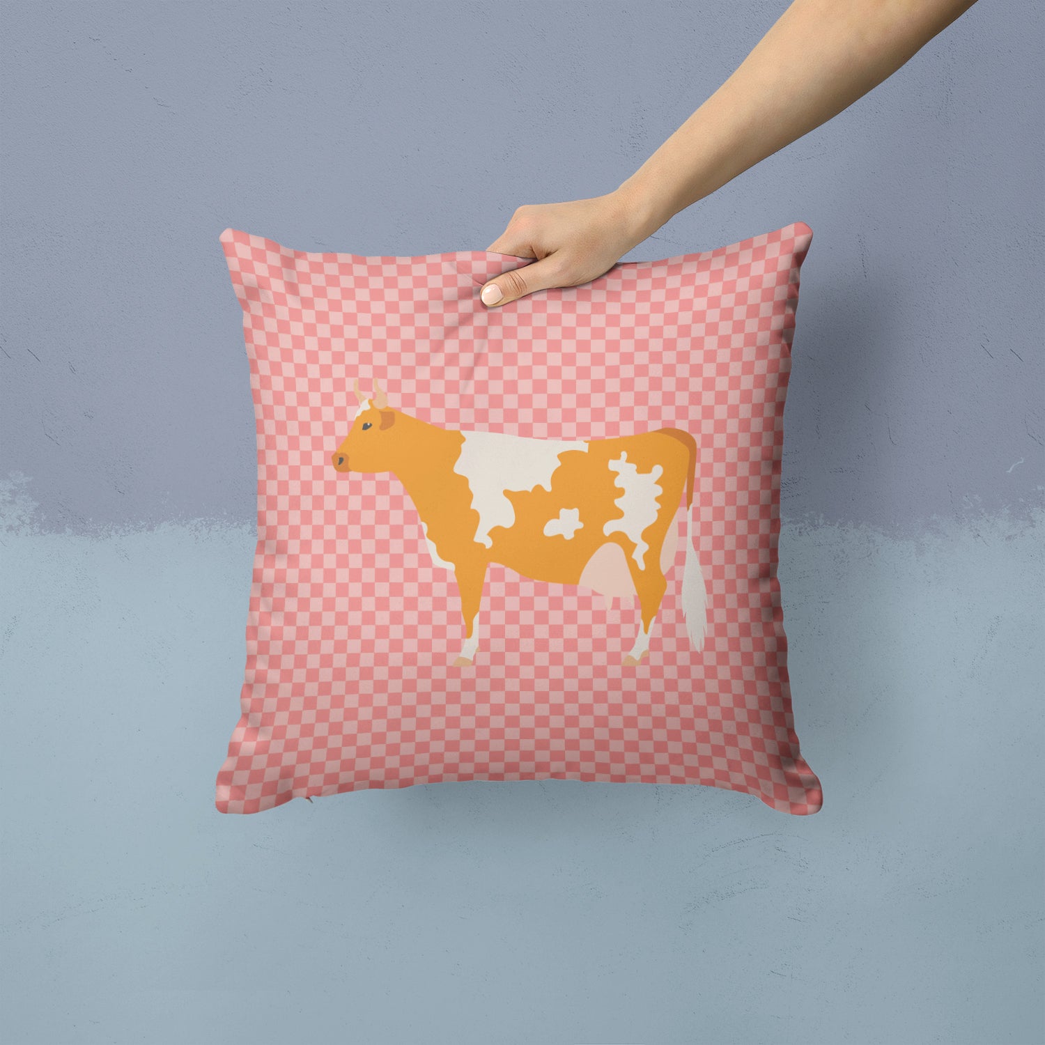 Guernsey Cow Pink Check Fabric Decorative Pillow BB7821PW1414 - the-store.com