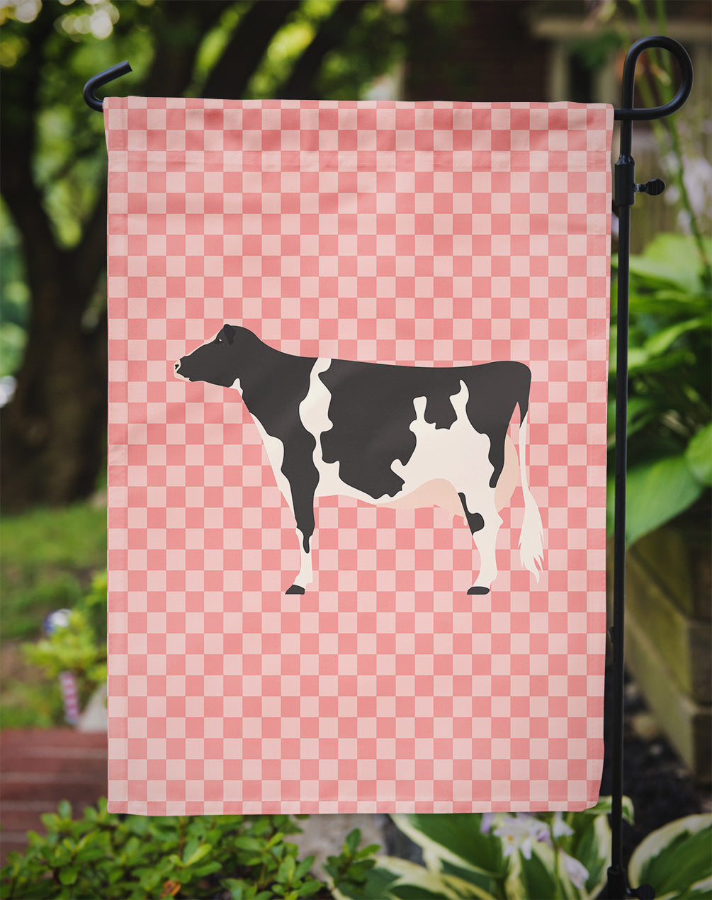 Holstein Cow Pink Check Flag Garden Size