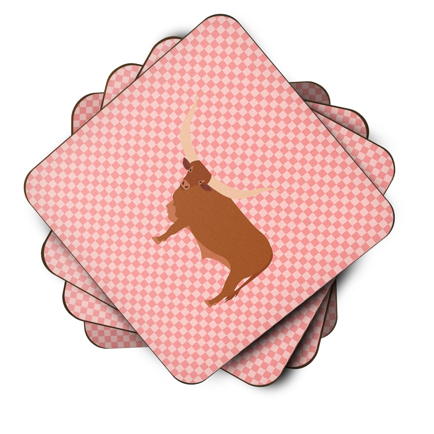 Ankole-Watusu Cow Pink Check Foam Coaster Set of 4 BB7823FC - the-store.com