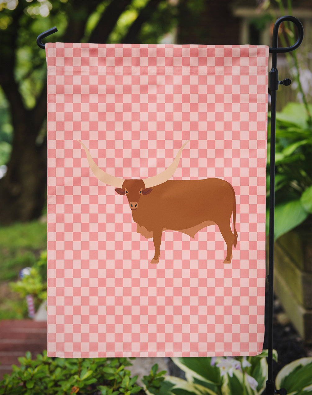 Ankole-Watusu Cow Pink Check Flag Garden Size