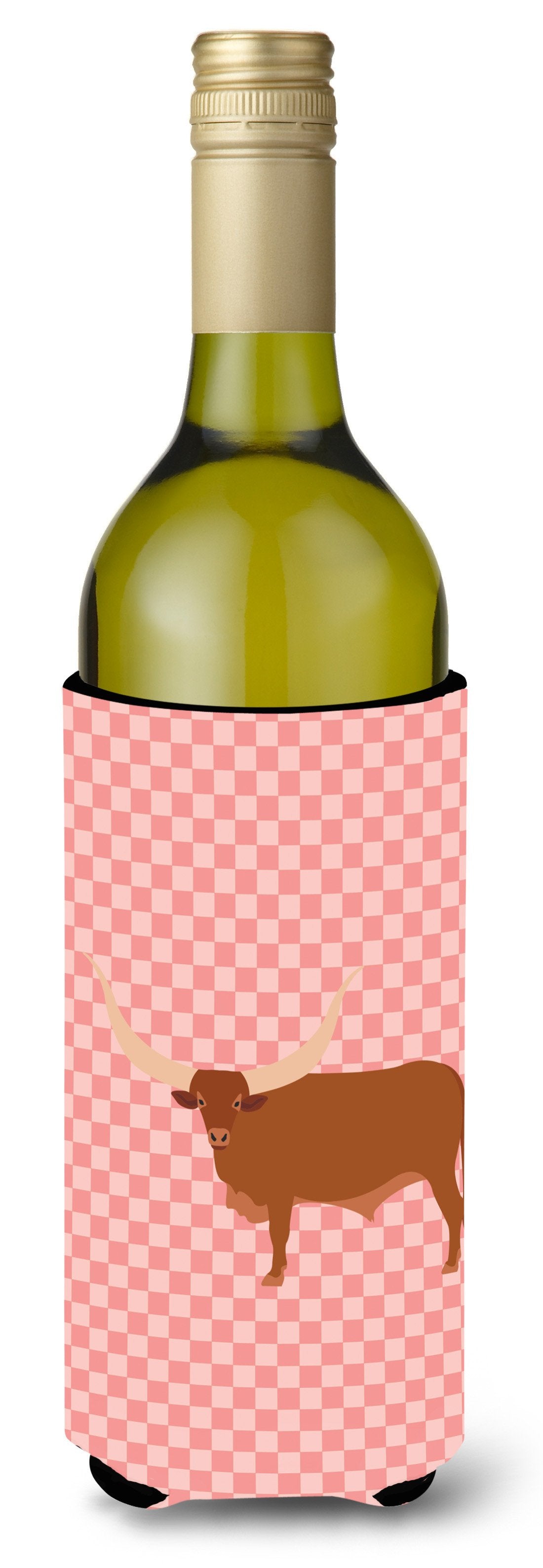 Ankole-Watusu Cow Pink Check Wine Bottle Beverge Insulator Hugger BB7823LITERK by Caroline&#39;s Treasures