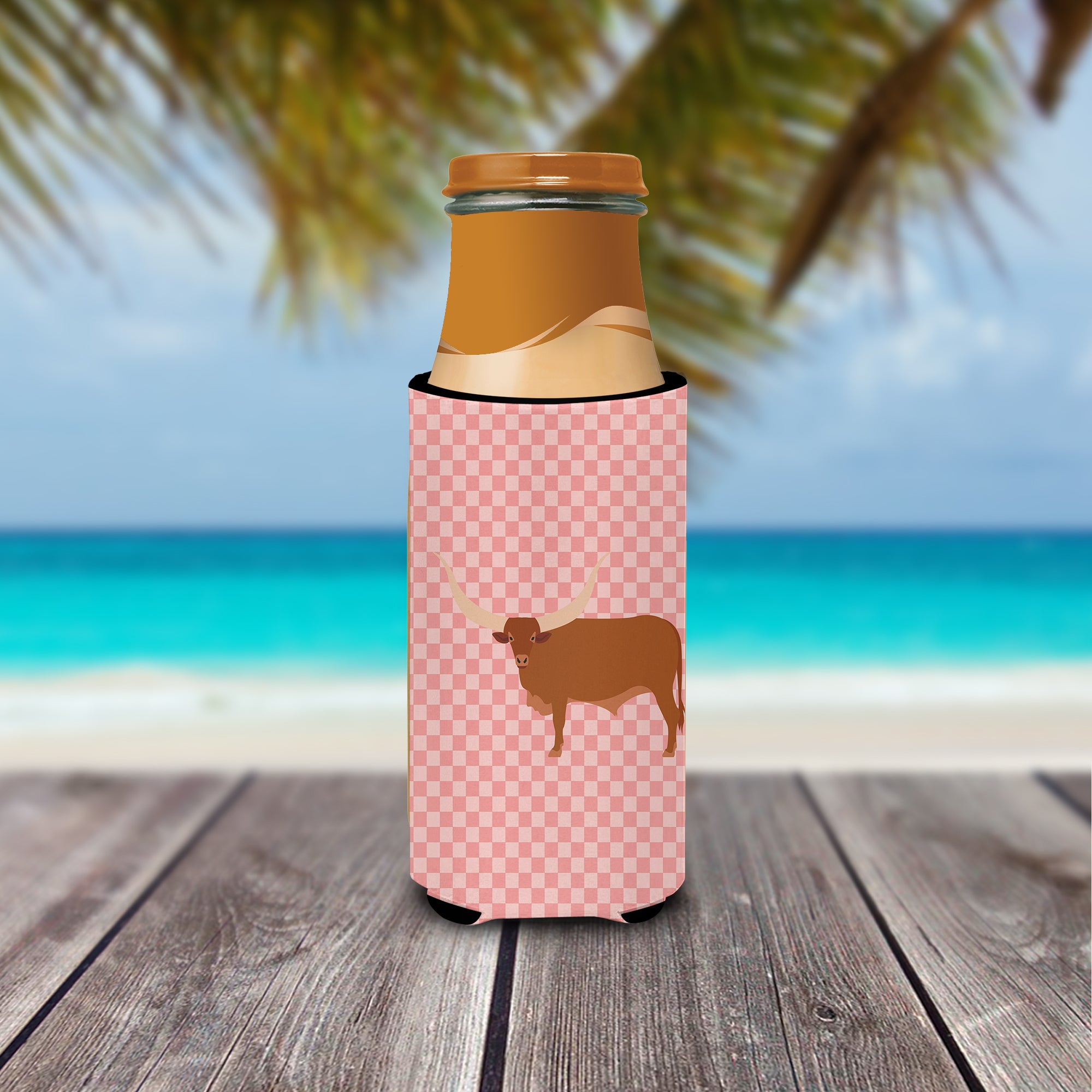 Ankole-Watusu Cow Pink Check  Ultra Hugger for slim cans