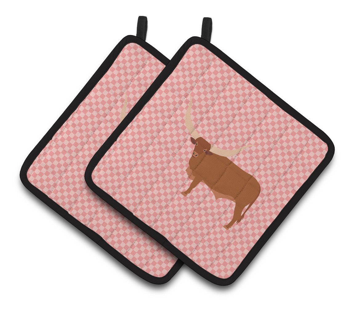 Ankole-Watusu Cow Pink Check Pair of Pot Holders BB7823PTHD by Caroline&#39;s Treasures