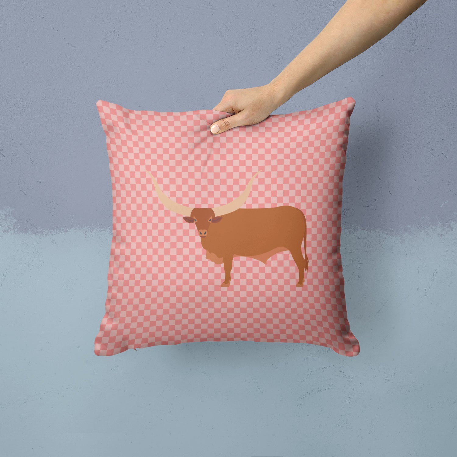 Ankole-Watusu Cow Pink Check Fabric Decorative Pillow BB7823PW1414 - the-store.com