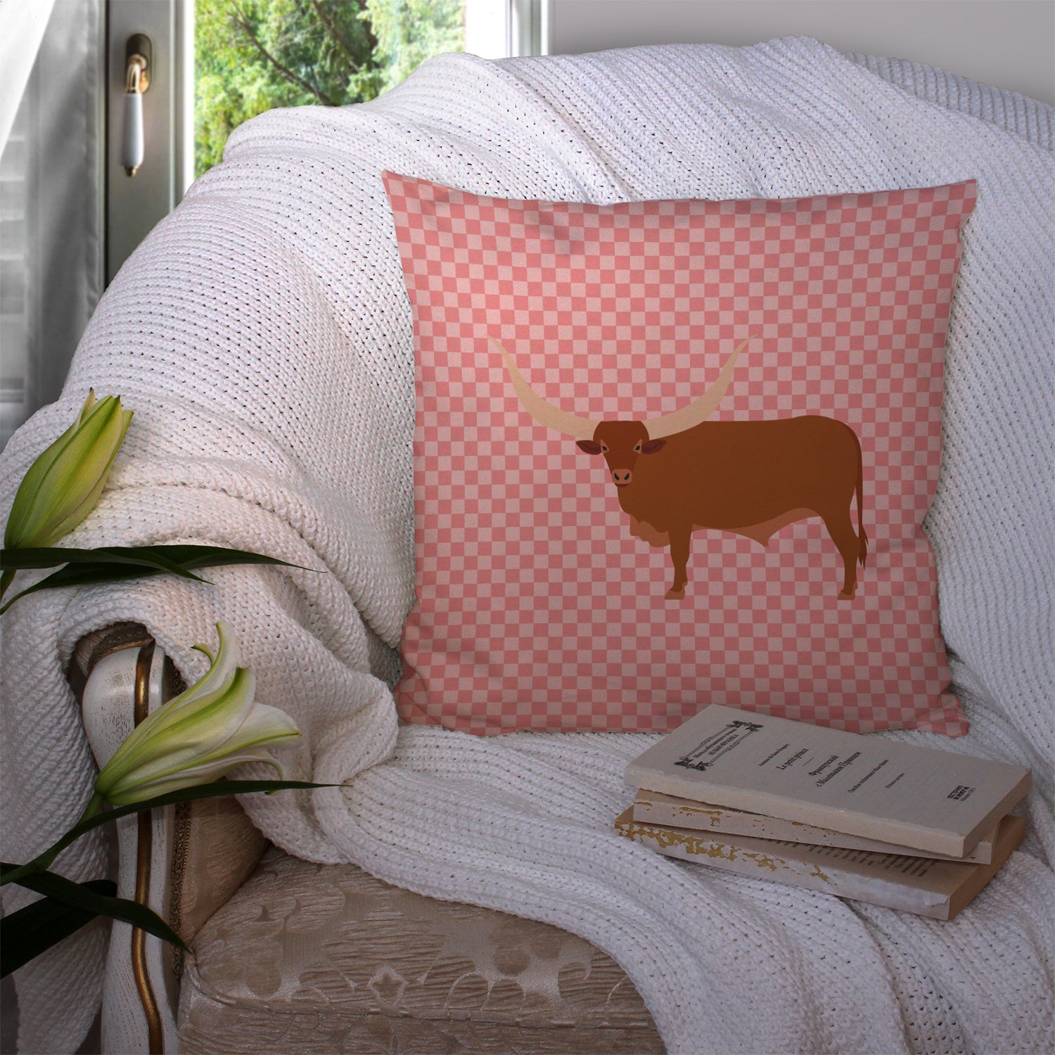 Ankole-Watusu Cow Pink Check Fabric Decorative Pillow BB7823PW1414 - the-store.com