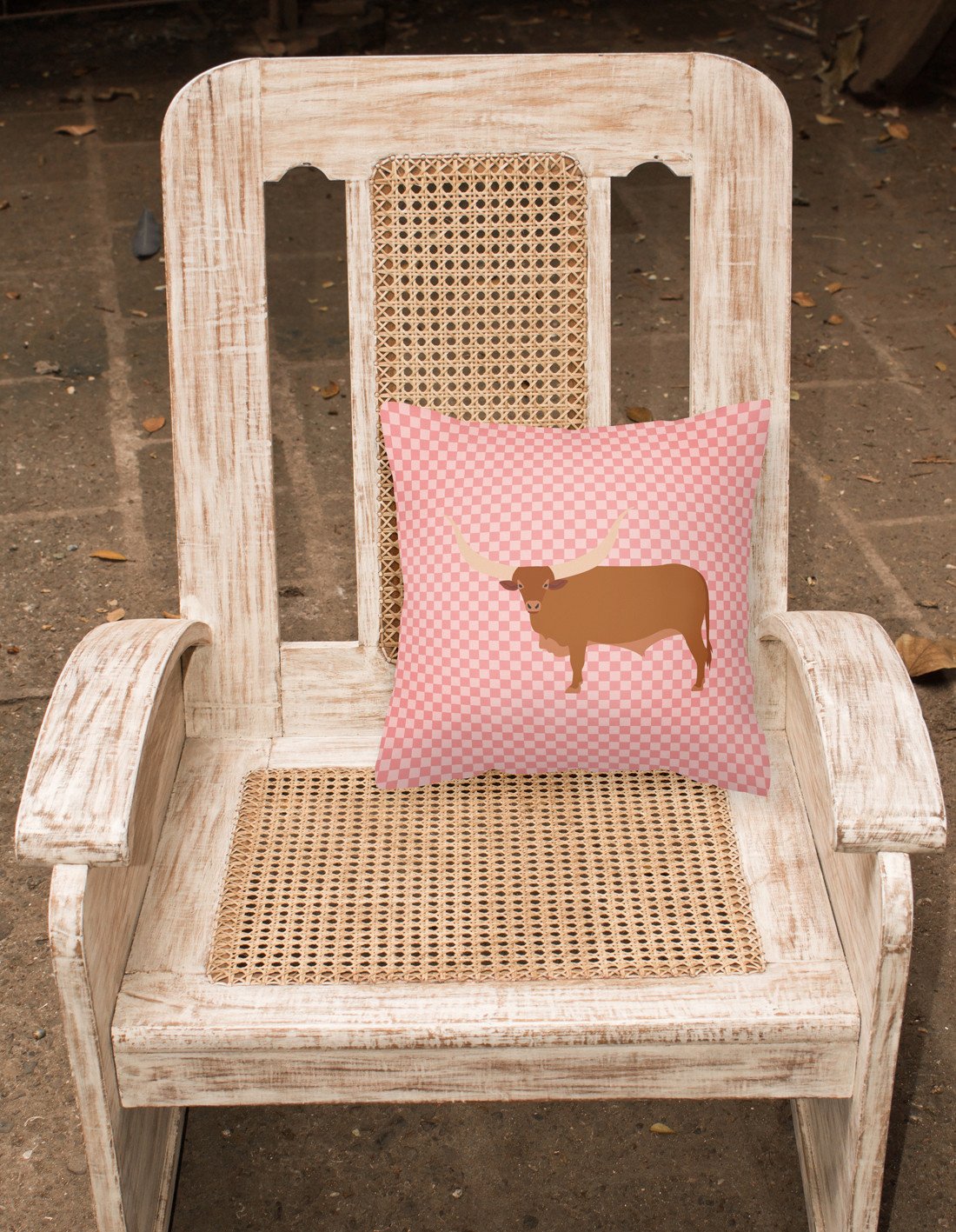 Ankole-Watusu Cow Pink Check Fabric Decorative Pillow BB7823PW1818 by Caroline's Treasures
