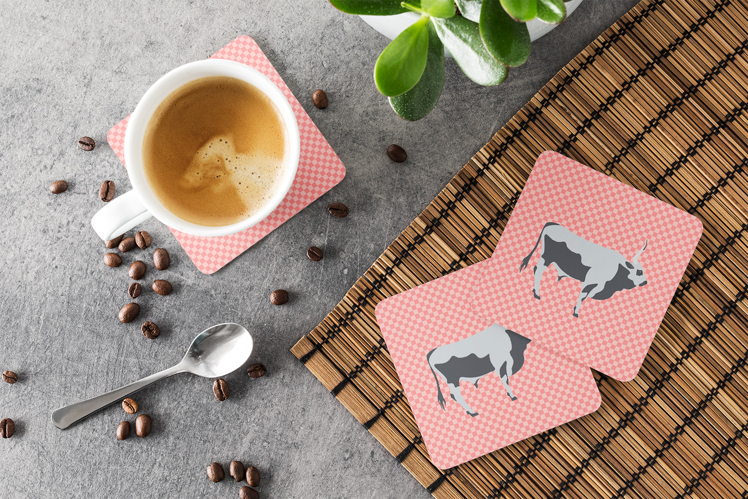 Hungarian Grey Steppe Cow Pink Check Foam Coaster Set of 4 BB7824FC - the-store.com