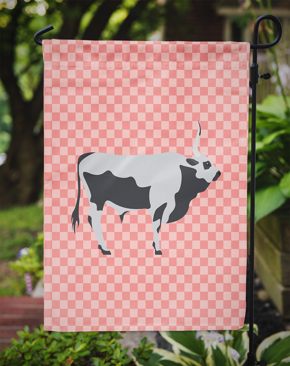 Hungarian Grey Steppe Cow Pink Check Flag Garden Size  the-store.com.