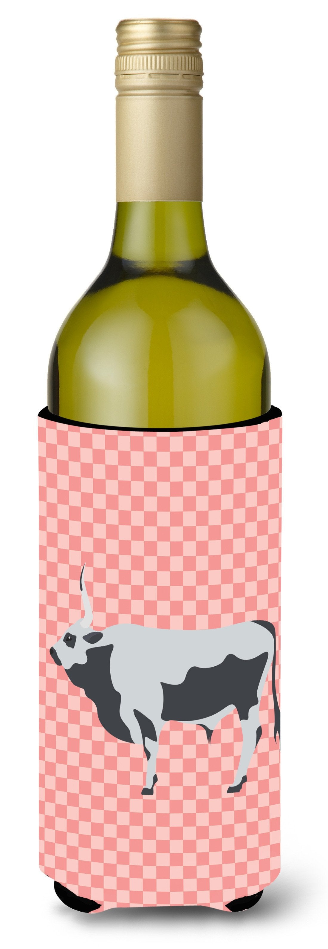 Hungarian Grey Steppe Cow Pink Check Wine Bottle Beverge Insulator Hugger BB7824LITERK by Caroline&#39;s Treasures