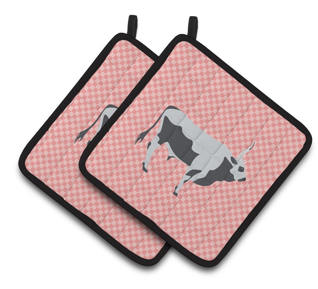 Hungarian Grey Steppe Cow Pink Check Pair of Pot Holders BB7824PTHD by Caroline&#39;s Treasures
