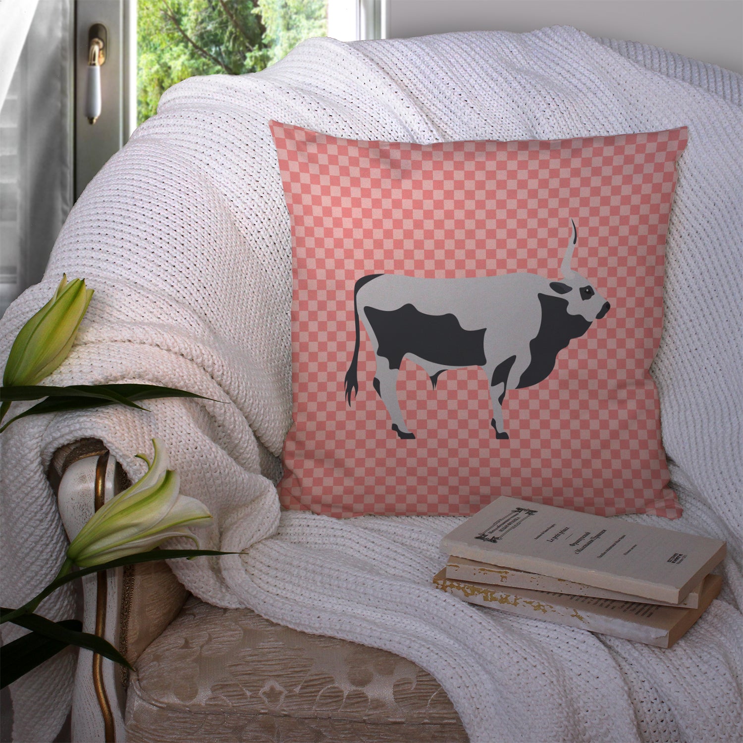 Hungarian Grey Steppe Cow Pink Check Fabric Decorative Pillow BB7824PW1414 - the-store.com