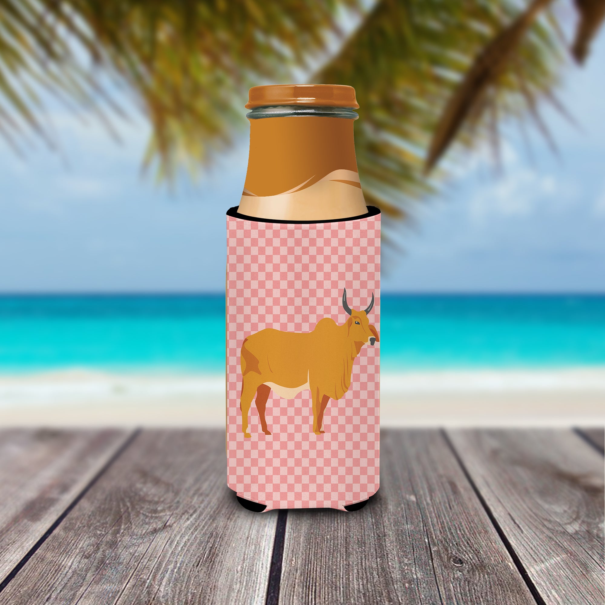 Zebu Indicine Cow Pink Check  Ultra Hugger for slim cans