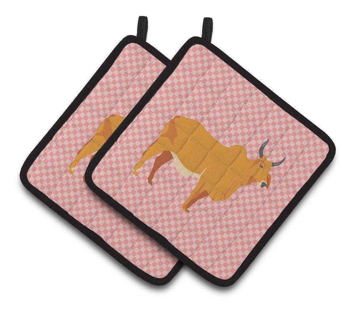 Zebu Indicine Cow Pink Check Pair of Pot Holders BB7825PTHD by Caroline&#39;s Treasures