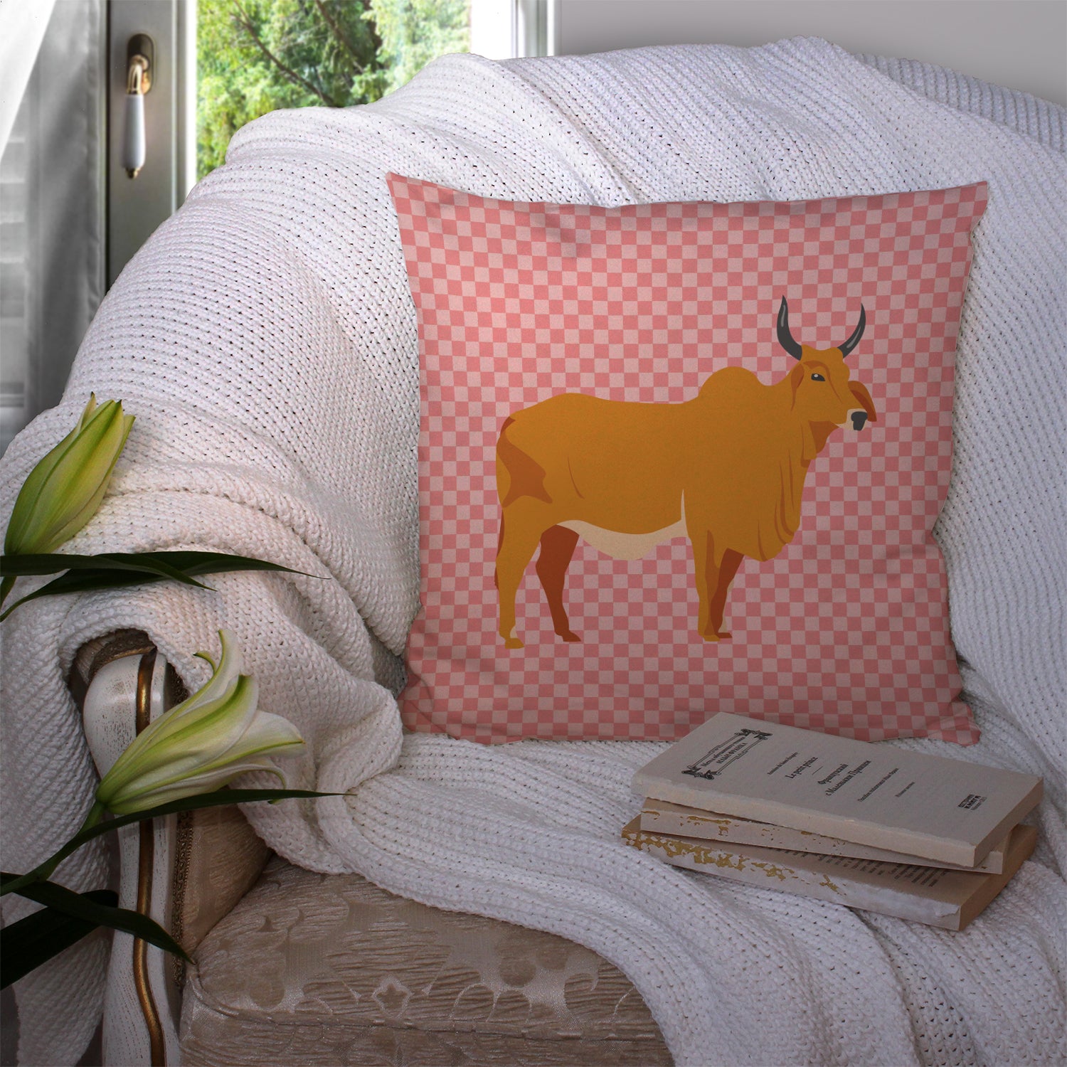 Zebu Indicine Cow Pink Check Fabric Decorative Pillow BB7825PW1414 - the-store.com