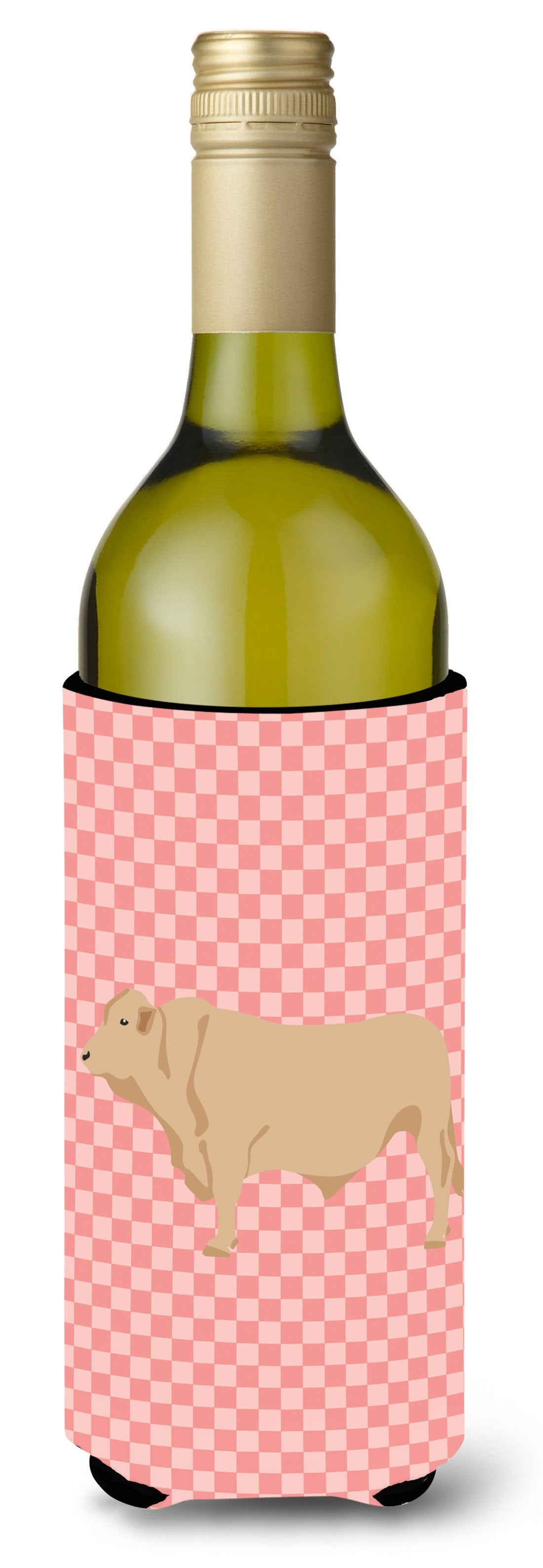 Charolais Cow Pink Check Wine Bottle Beverge Insulator Hugger BB7826LITERK by Caroline&#39;s Treasures