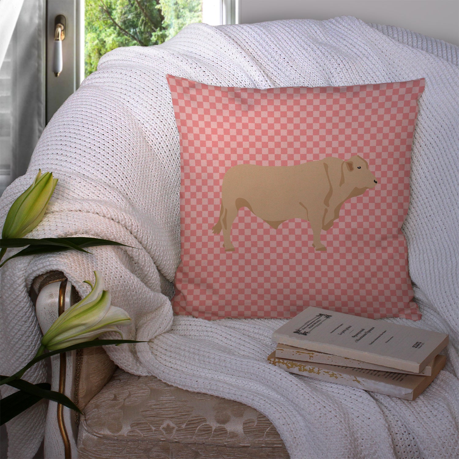 Charolais Cow Pink Check Fabric Decorative Pillow BB7826PW1414 - the-store.com