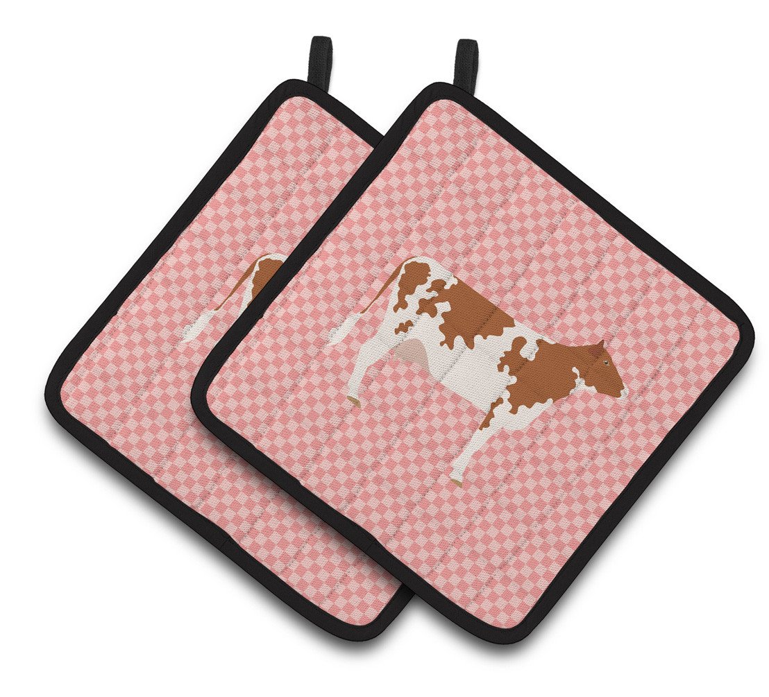Ayrshire Cow Pink Check Pair of Pot Holders BB7827PTHD by Caroline&#39;s Treasures