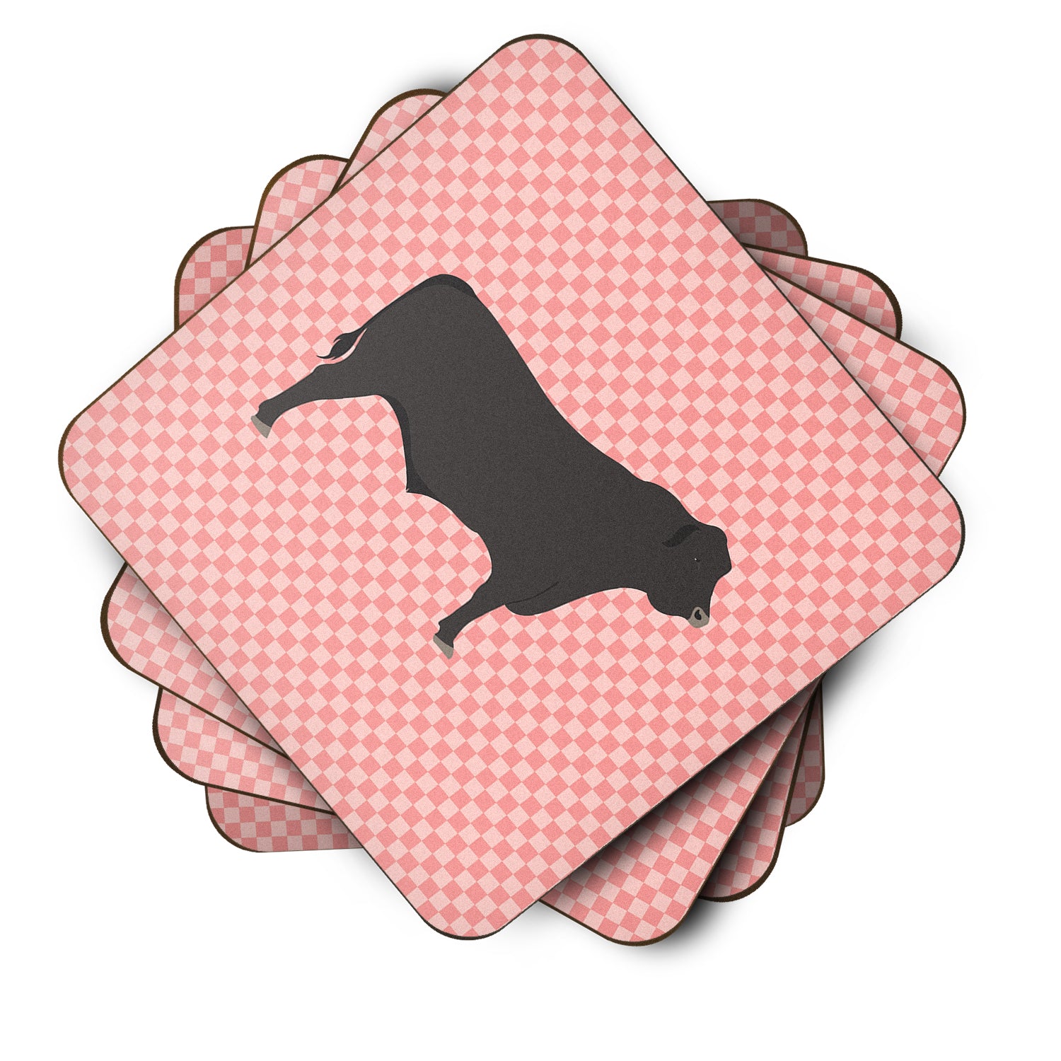 Black Angus Cow Pink Check Foam Coaster Set of 4 BB7828FC - the-store.com