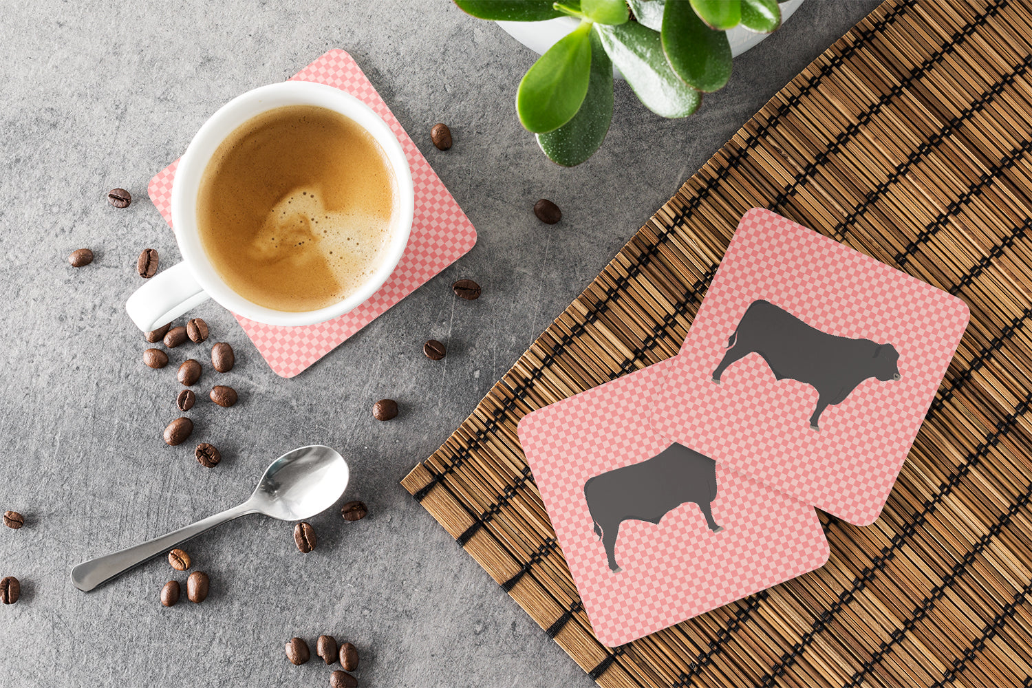 Black Angus Cow Pink Check Foam Coaster Set of 4 BB7828FC - the-store.com