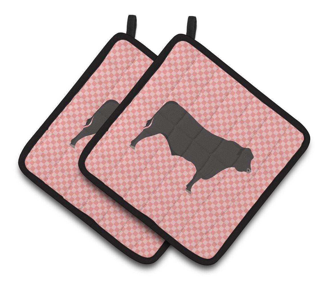 Black Angus Cow Pink Check Pair of Pot Holders BB7828PTHD by Caroline&#39;s Treasures