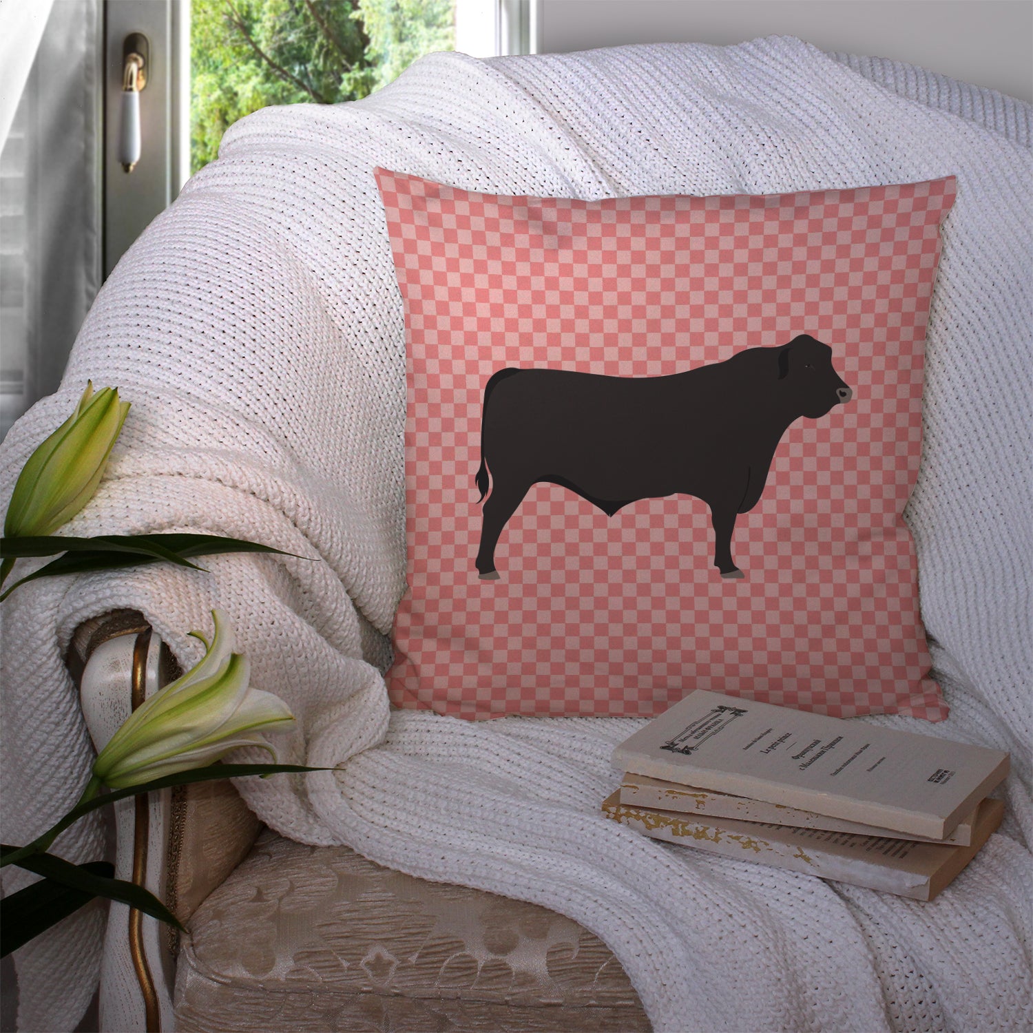 Black Angus Cow Pink Check Fabric Decorative Pillow BB7828PW1414 - the-store.com