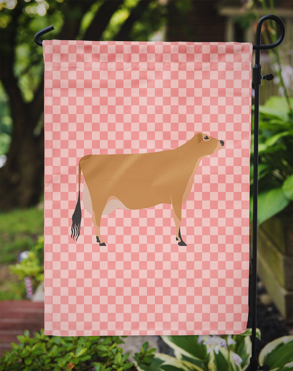 Jersey Cow Pink Check Flag Garden Size  the-store.com.