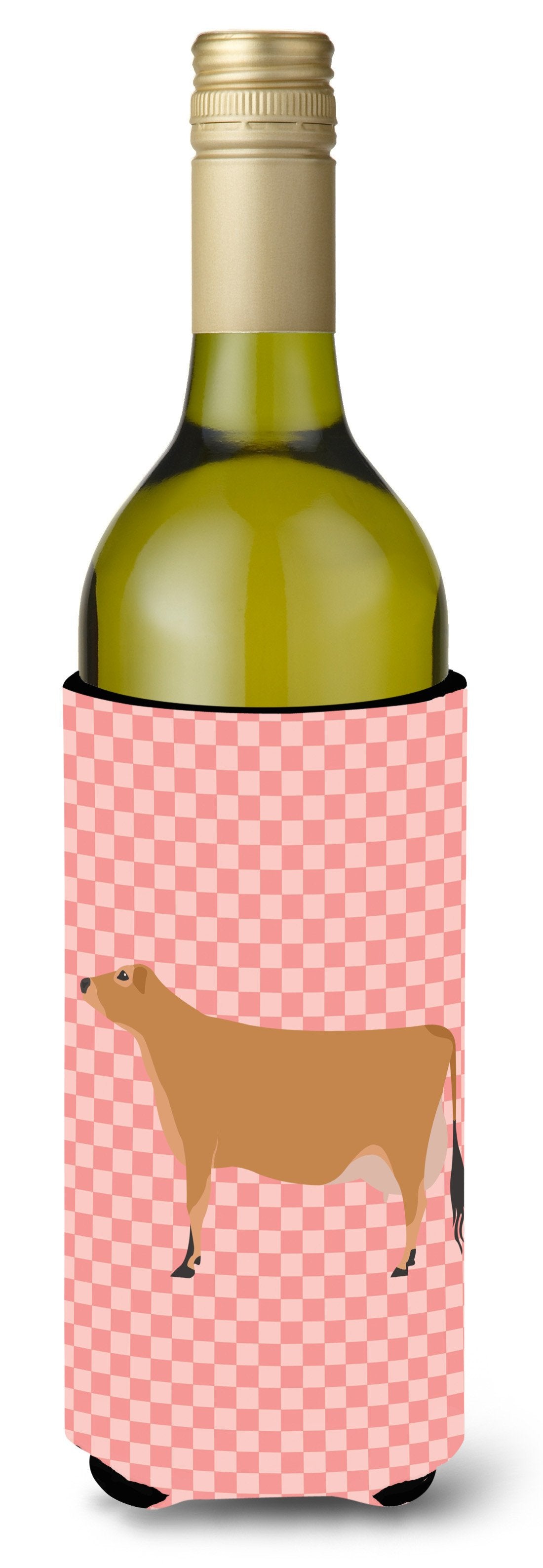 Jersey Cow Pink Check Wine Bottle Beverge Insulator Hugger BB7829LITERK by Caroline&#39;s Treasures