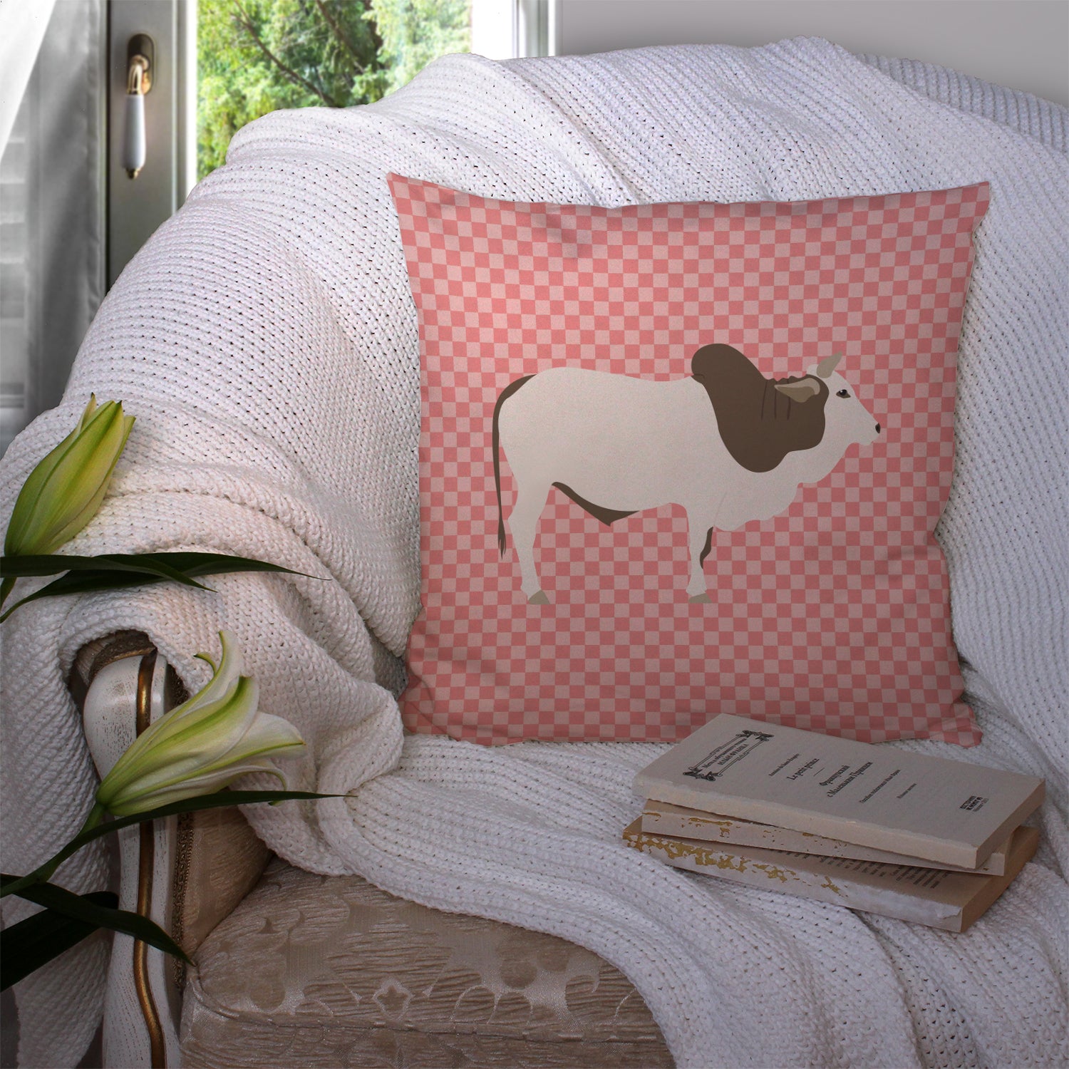 Malvi Cow Pink Check Fabric Decorative Pillow BB7830PW1414 - the-store.com