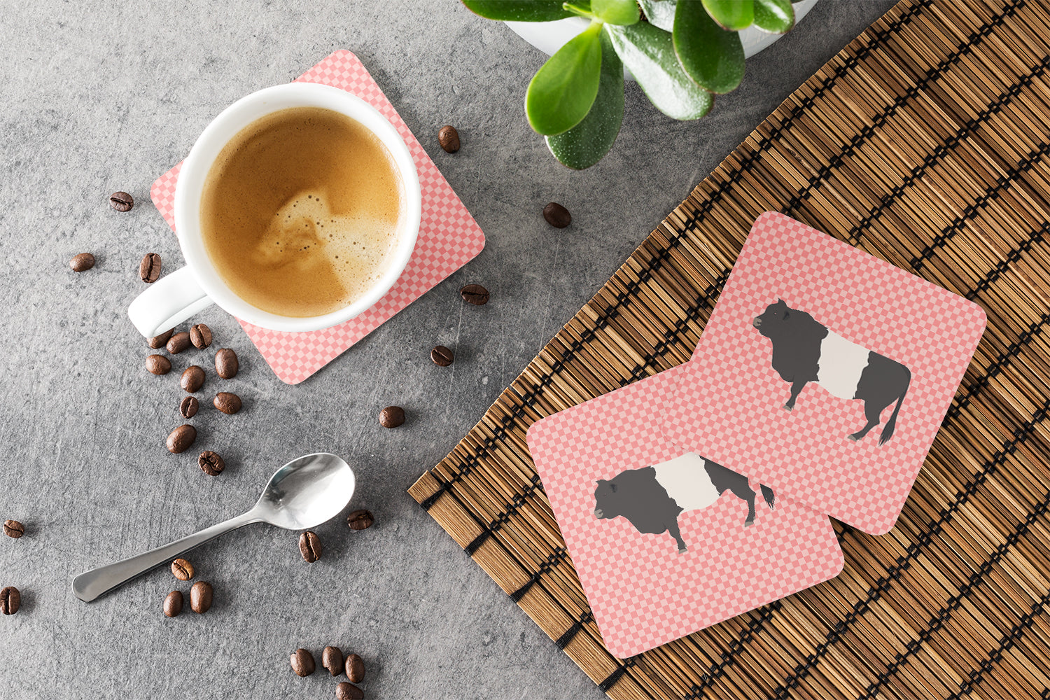 Belted Galloway Cow Pink Check Foam Coaster Set of 4 BB7831FC - the-store.com