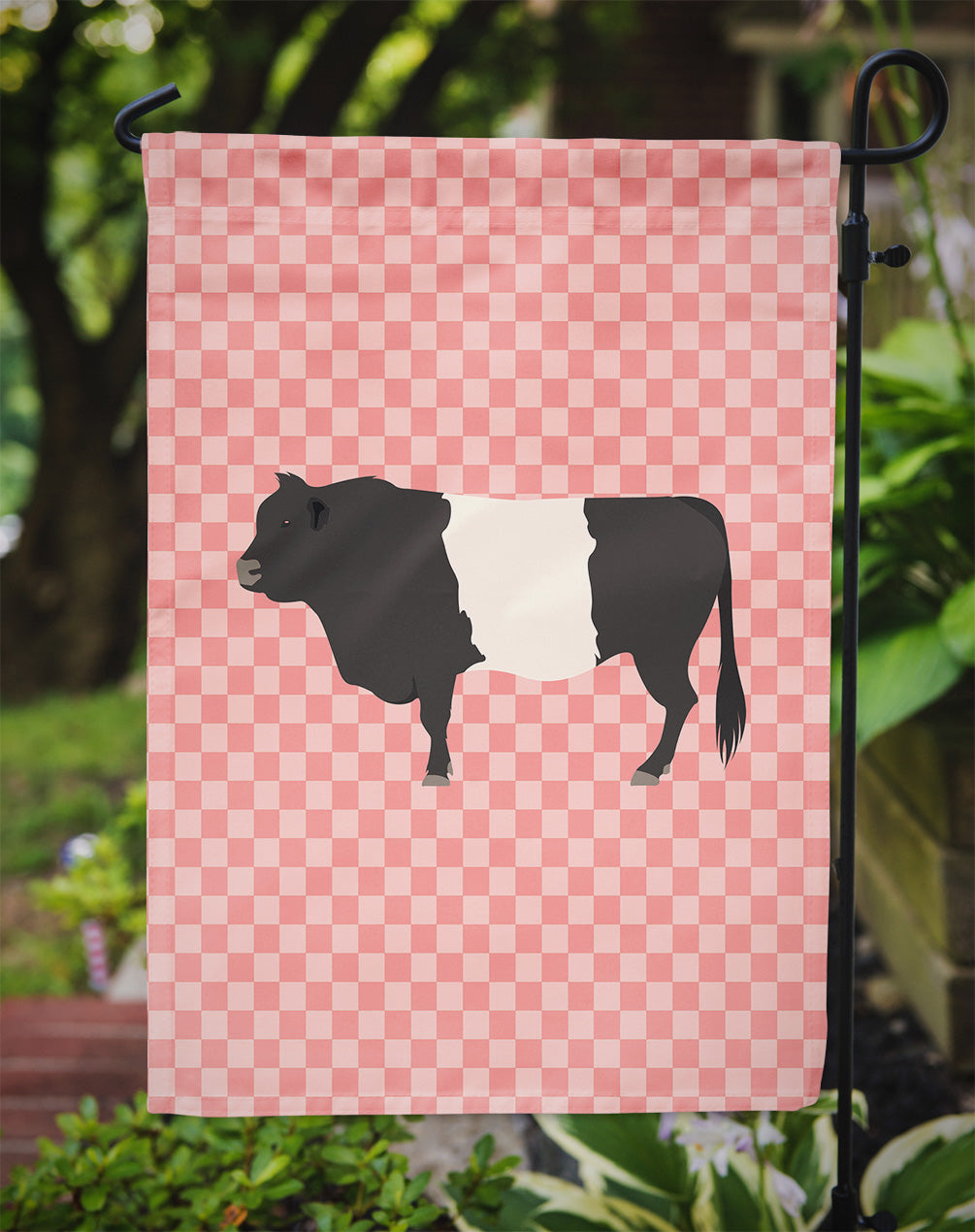 Belted Galloway Cow Pink Check Flag Garden Size  the-store.com.