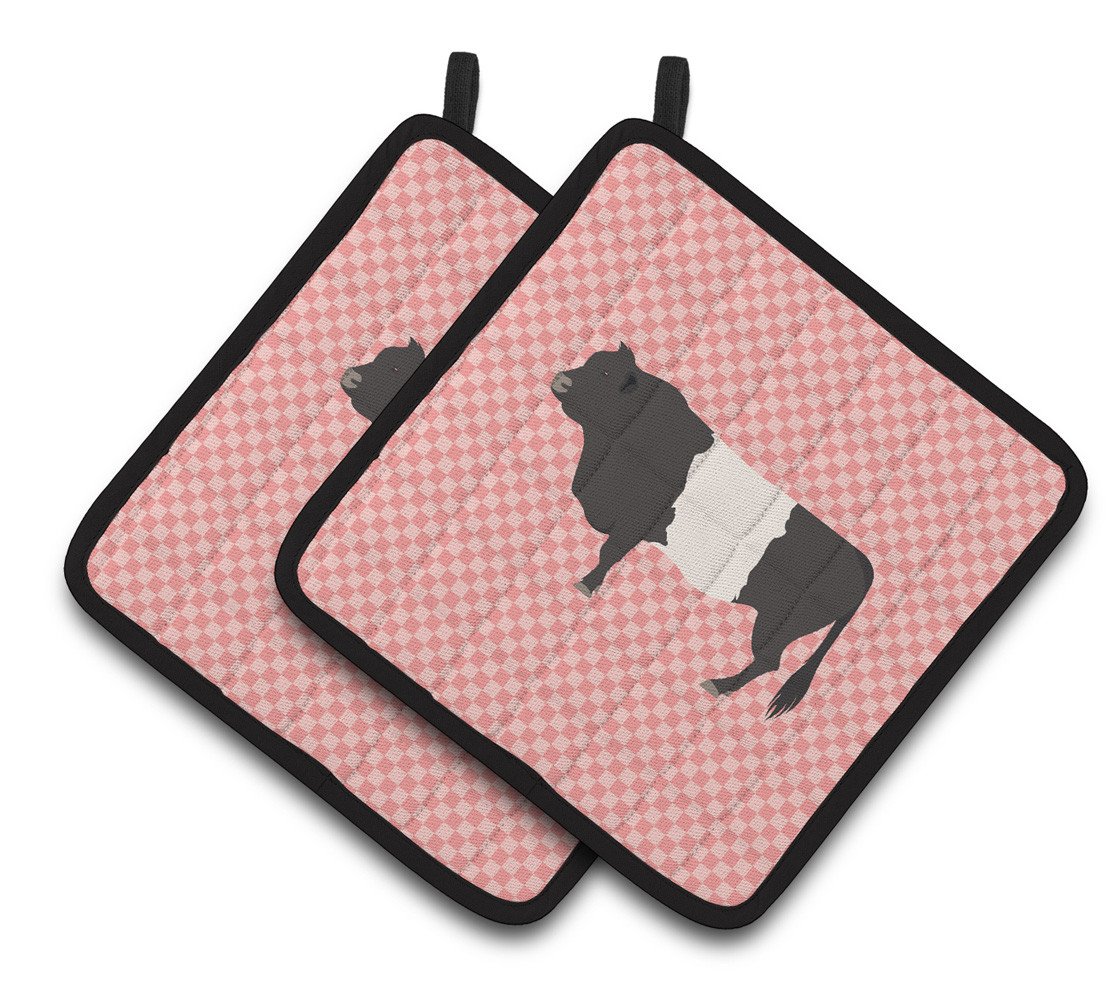 Belted Galloway Cow Pink Check Pair of Pot Holders BB7831PTHD by Caroline&#39;s Treasures