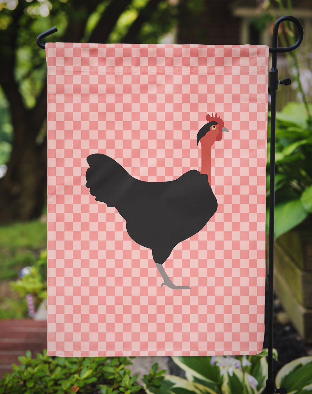 Naked Neck Chicken Pink Check Flag Garden Size  the-store.com.