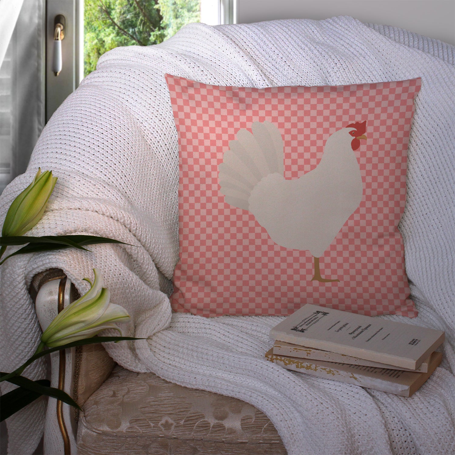 Leghorn Chicken Pink Check Fabric Decorative Pillow BB7840PW1414 - the-store.com