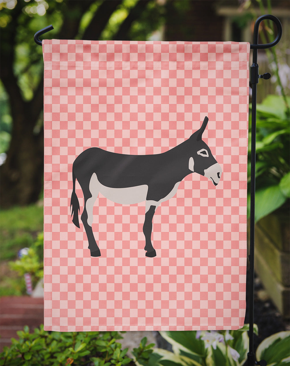 American Mammoth Jack Donkey Pink Check Flag Garden Size  the-store.com.