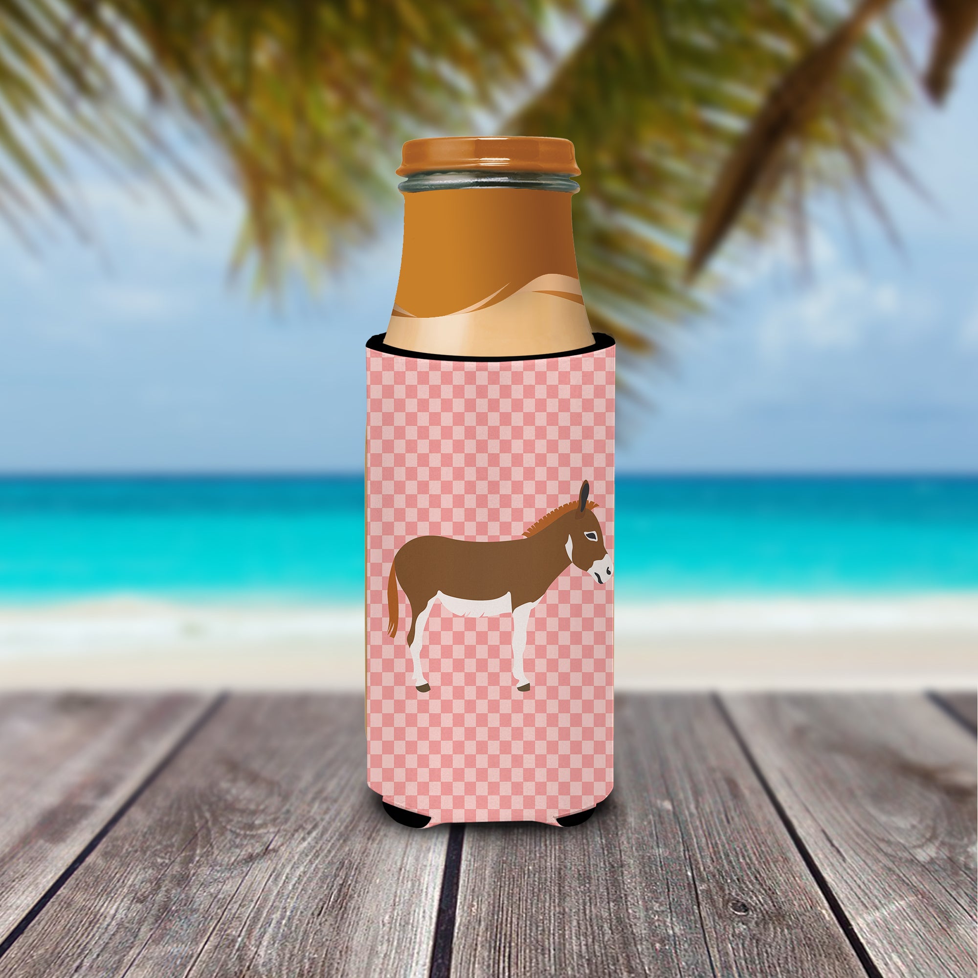 Miniature Mediterranian Donkey Pink Check  Ultra Hugger for slim cans