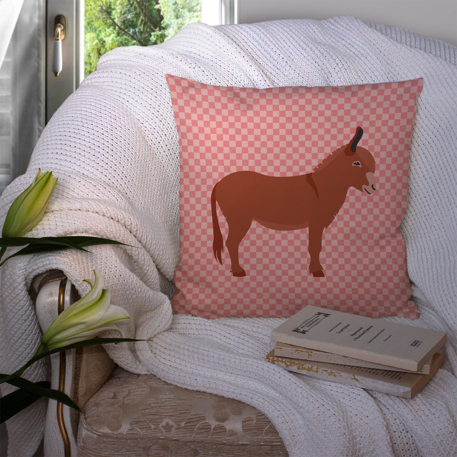 Irish Donkey Pink Check Fabric Decorative Pillow BB7848PW1414 - the-store.com