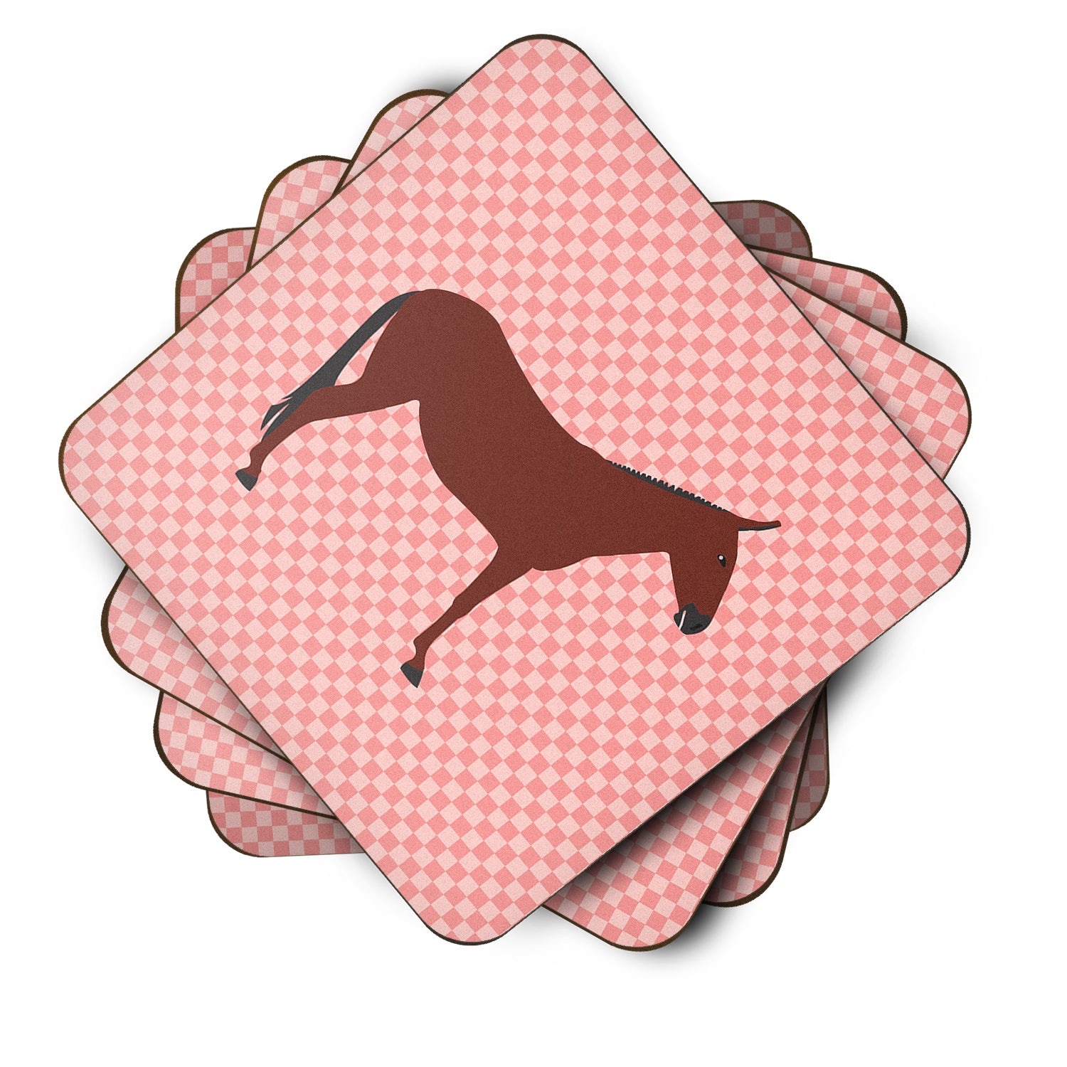 Hinny Horse Donkey Pink Check Foam Coaster Set of 4 BB7850FC - the-store.com
