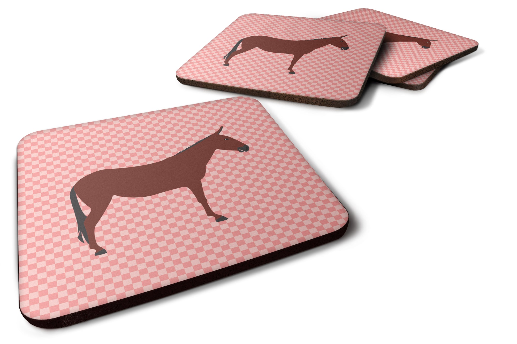 Hinny Horse Donkey Pink Check Foam Coaster Set of 4 BB7850FC - the-store.com