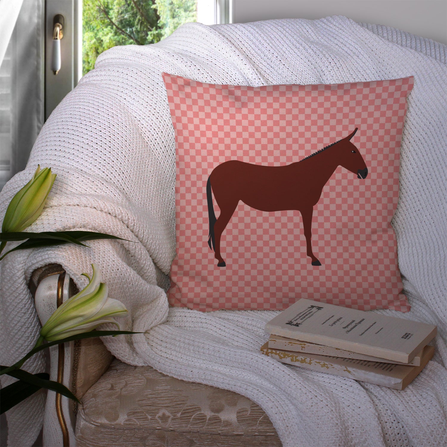 Hinny Horse Donkey Pink Check Fabric Decorative Pillow BB7850PW1414 - the-store.com