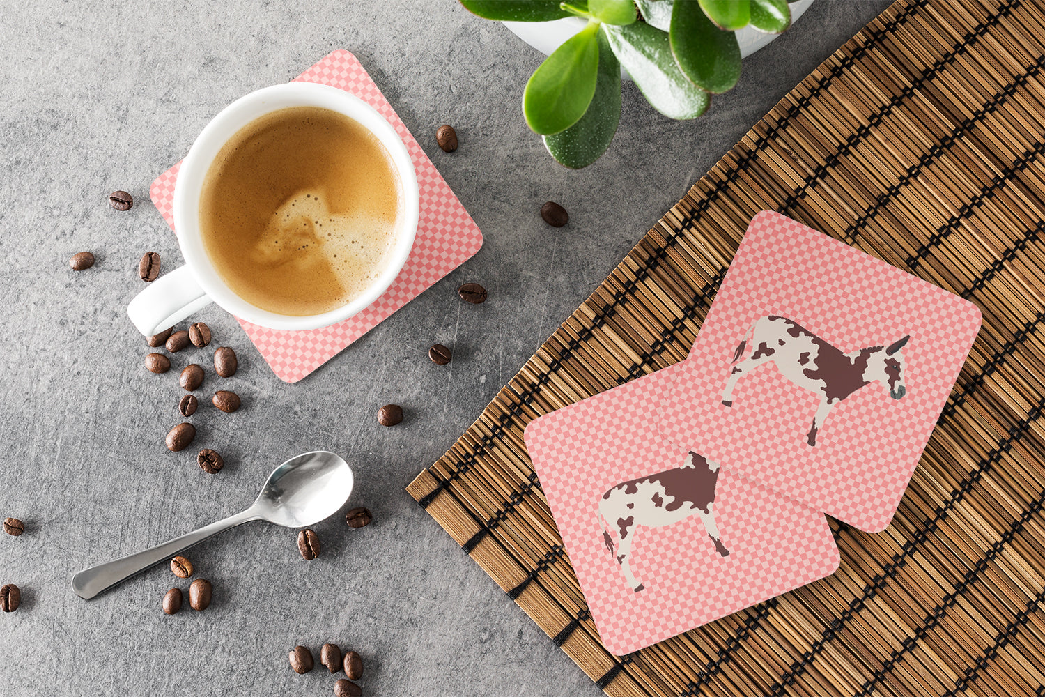 American Spotted Donkey Pink Check Foam Coaster Set of 4 BB7851FC - the-store.com