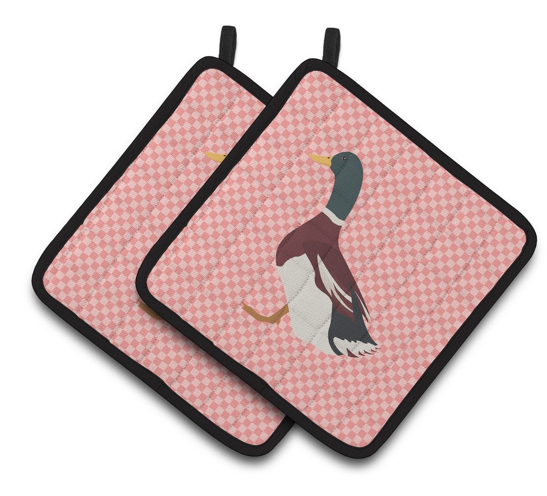 Rouen Duck Pink Check Pair of Pot Holders BB7856PTHD by Caroline&#39;s Treasures