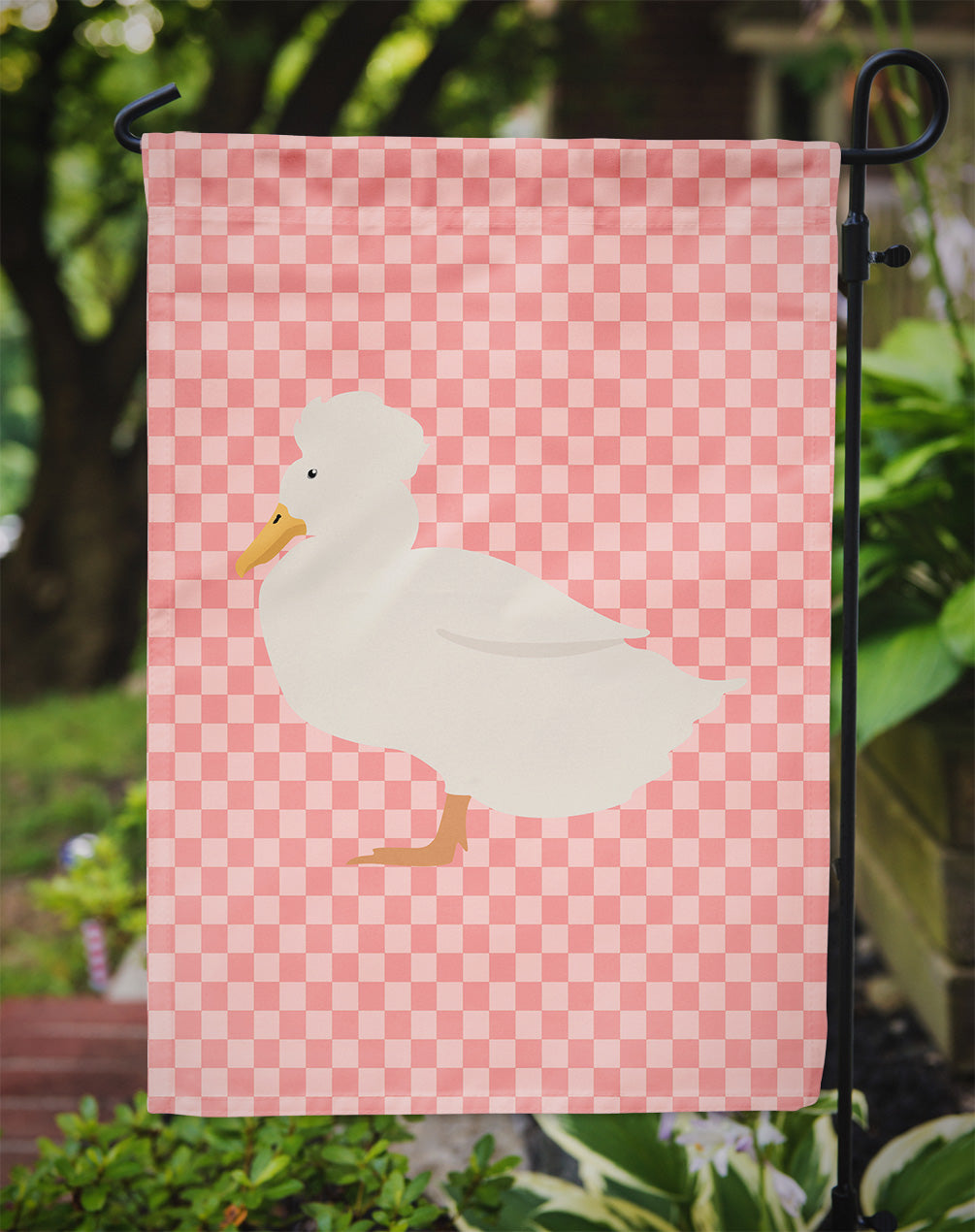 Crested Duck Pink Check Flag Garden Size