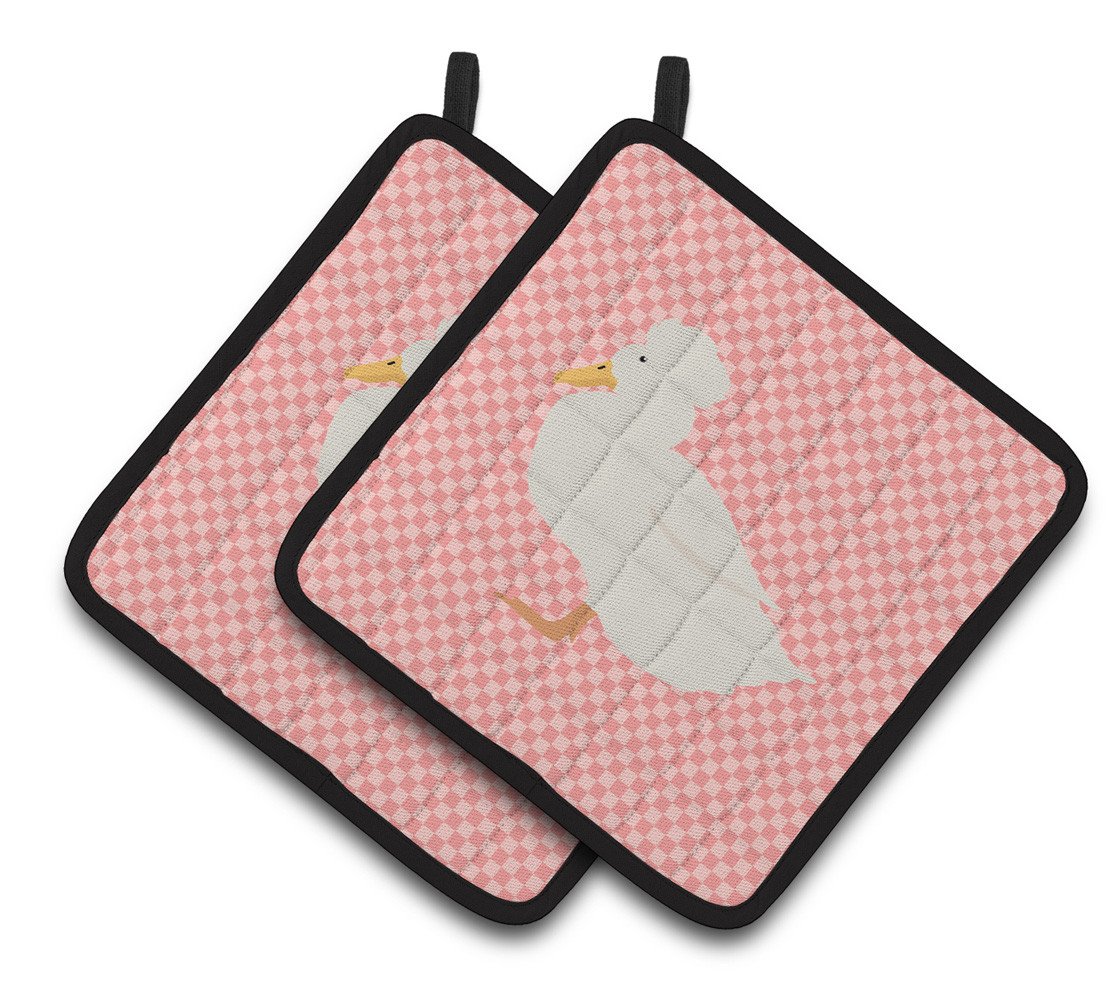 Crested Duck Pink Check Pair of Pot Holders BB7857PTHD by Caroline&#39;s Treasures