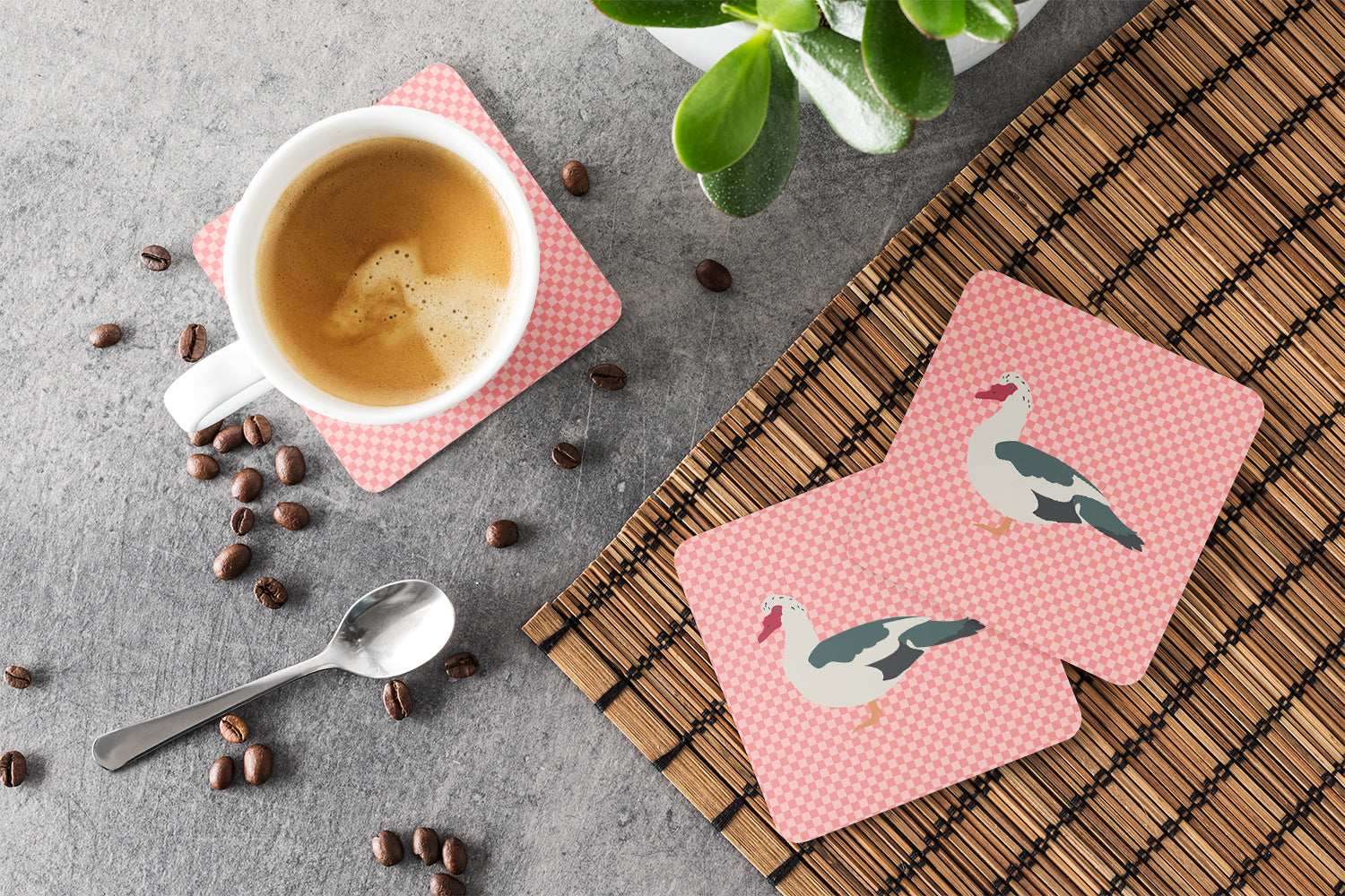 Muscovy Duck Pink Check Foam Coaster Set of 4 BB7864FC - the-store.com
