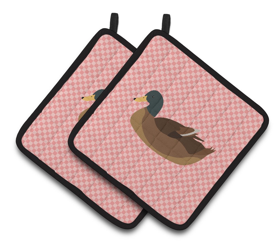Khaki Campbell Duck Pink Check Pair of Pot Holders BB7866PTHD by Caroline&#39;s Treasures