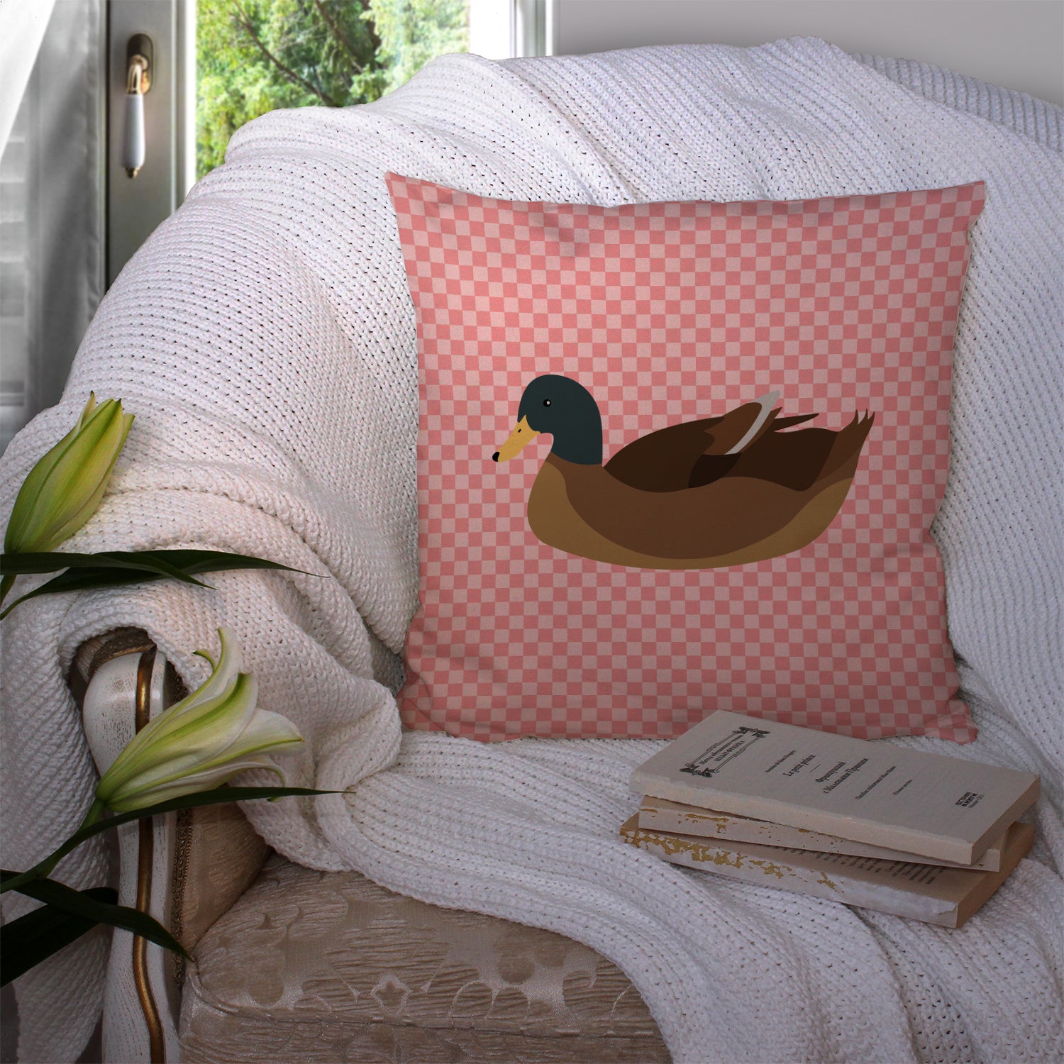 Khaki Campbell Duck Pink Check Fabric Decorative Pillow BB7866PW1414 - the-store.com