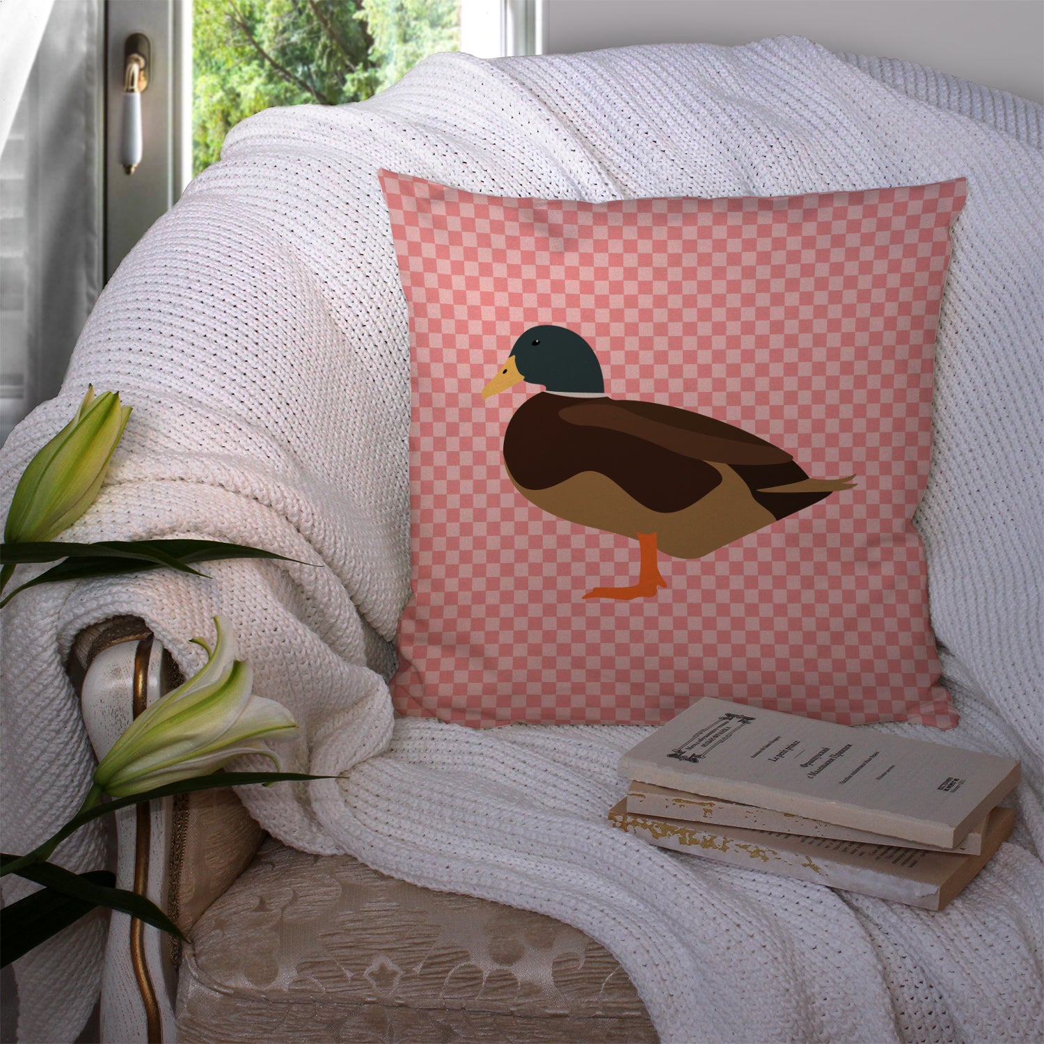 Silver Bantam Duck Pink Check Fabric Decorative Pillow BB7867PW1414 - the-store.com