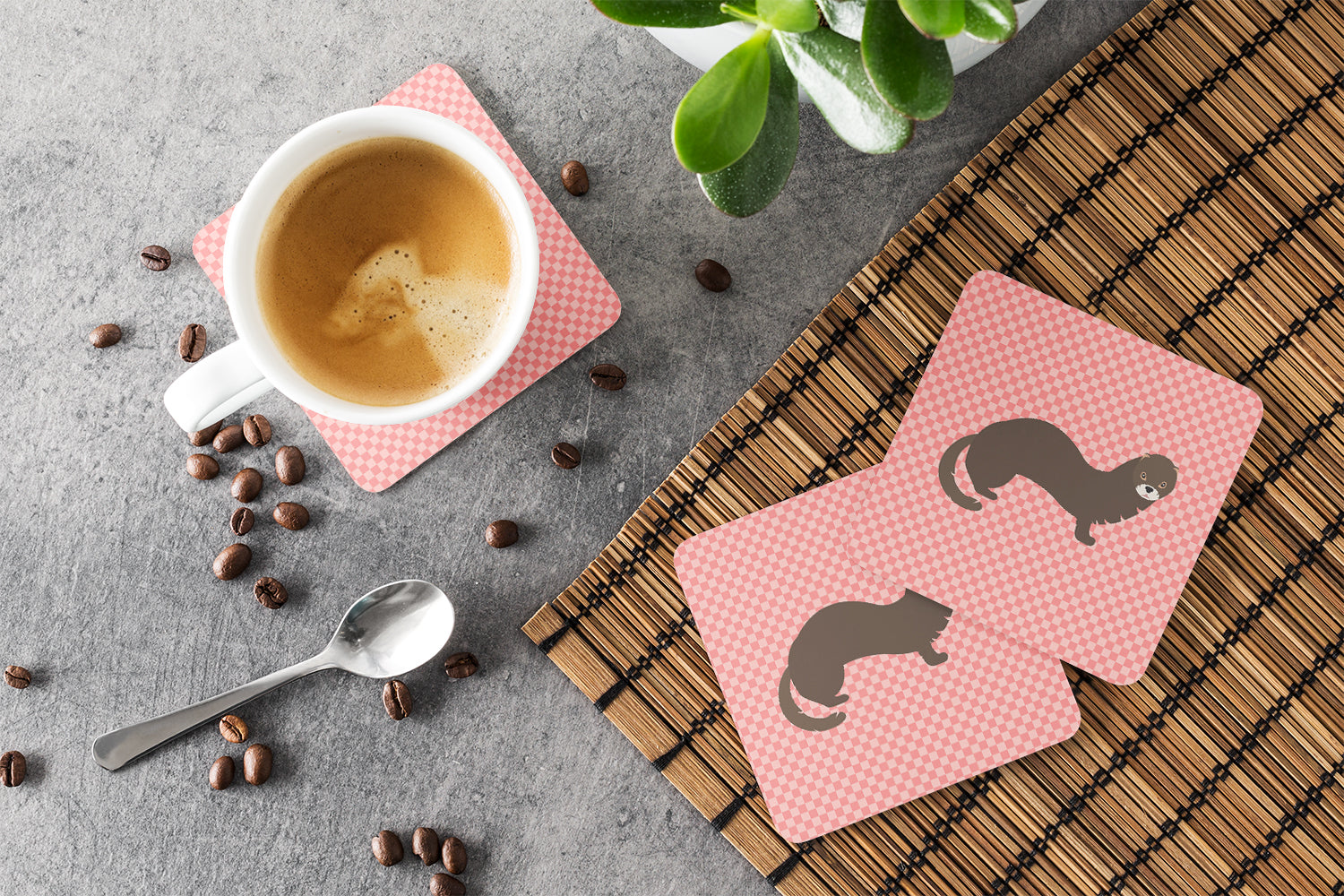 Russian or European Mink Pink Check Foam Coaster Set of 4 BB7868FC - the-store.com